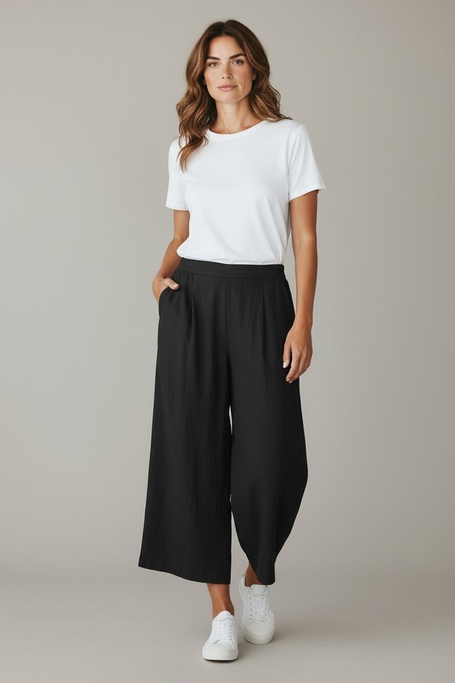 A6 Auth EILEEN FISHER Black Organic Linen Side Pockets Crop Wide Leg Pants Sz L